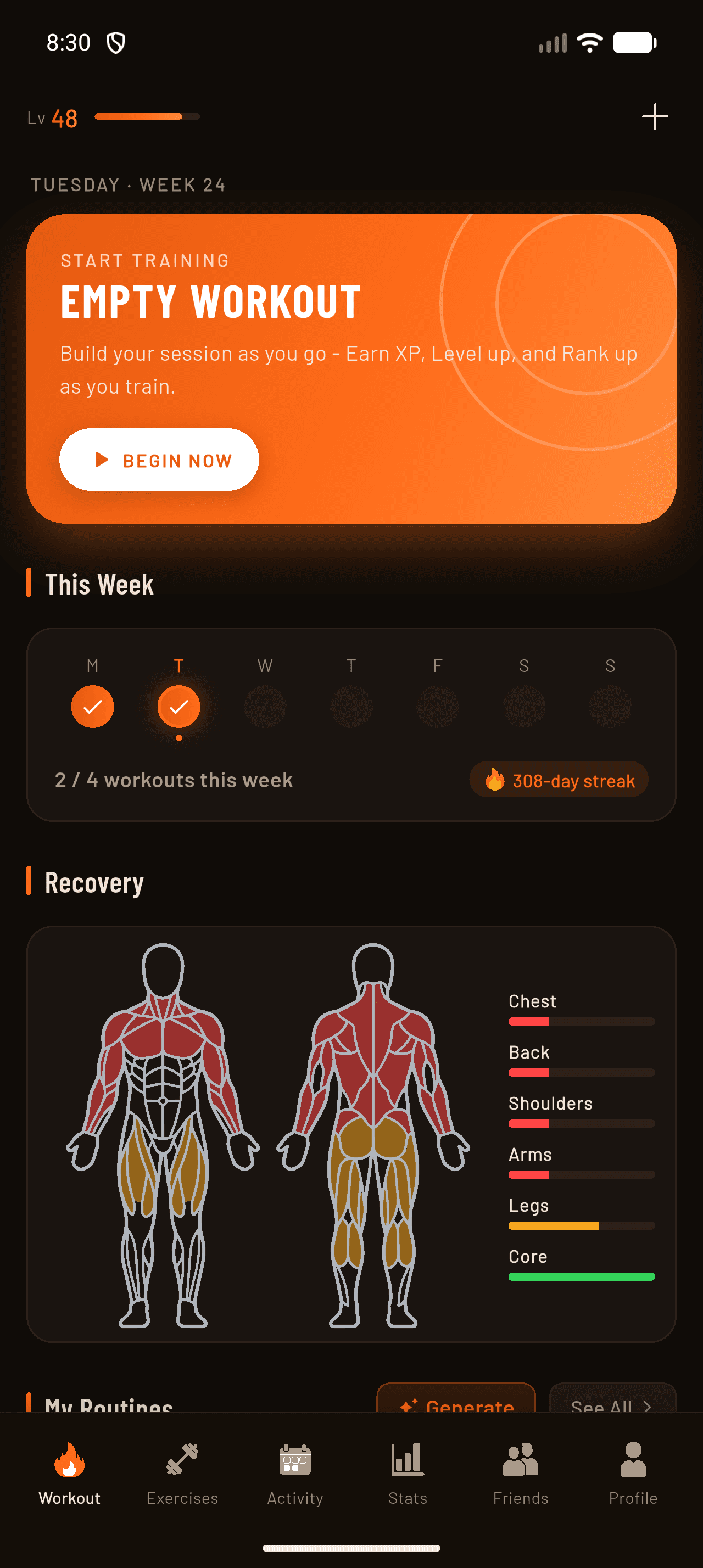 Deltalift home screen in a Pixel 9 Pro: weekly plan and muscle recovery heatmap